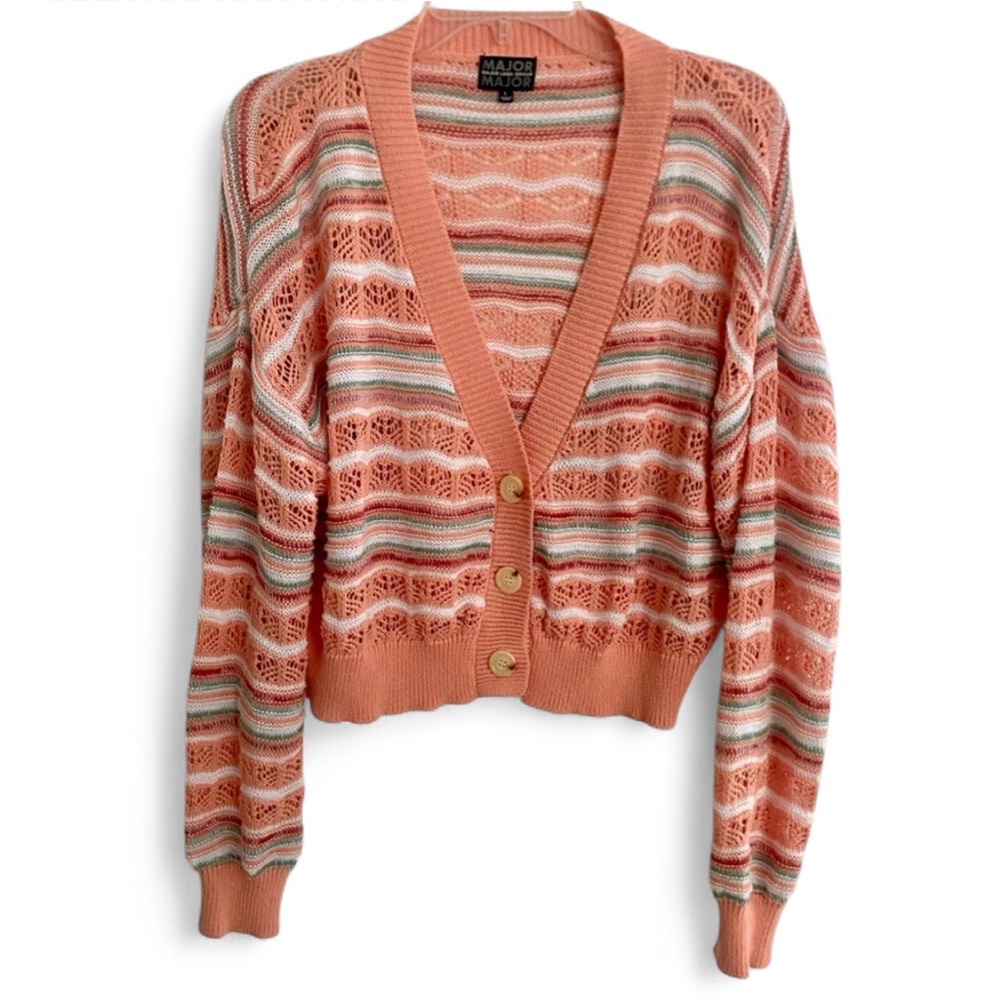 MAJOR LABEL GROUP STRIPED CROCHET KNIT CROPPED RELAXED CARDIGAN SWEATER LARGE